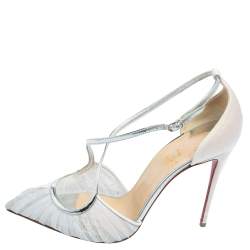 Pre Owned Christian Louboutin White/Silver Lace And Satin Twistissima Pointed Toe Ankle Strap Sandals Size 38.5