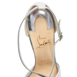 Pre Owned Christian Louboutin White/Silver Lace And Satin Twistissima Pointed Toe Ankle Strap Sandals Size 38.5