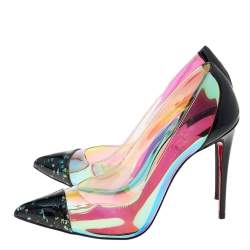 Pre Owned Christian Louboutin Black Patent Leather And Iridescent PVC Debout Pointed Toe Pumps Size 38.5