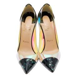Pre Owned Christian Louboutin Black Patent Leather And Iridescent PVC Debout Pointed Toe Pumps Size 38.5