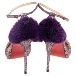 Pre Owned Christian Louboutin Purple Glitter Fabric/Mink Crazy Fur D'orsay Pump Size 39.5