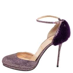 Pre Owned Christian Louboutin Purple Glitter Fabric/Mink Crazy Fur D'orsay Pump Size 39.5