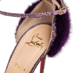 Pre Owned Christian Louboutin Purple Glitter Fabric/Mink Crazy Fur D'orsay Pump Size 39.5