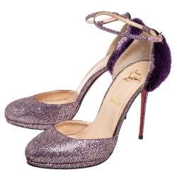 Pre Owned Christian Louboutin Purple Glitter Fabric/Mink Crazy Fur D'orsay Pump Size 39.5