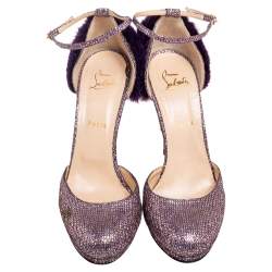 Pre Owned Christian Louboutin Purple Glitter Fabric/Mink Crazy Fur D'orsay Pump Size 39.5
