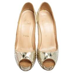 Christian Louboutin Dull Gold Mirror Leather Very Galaxy Art Deco Peep-Toe Pumps Size 37