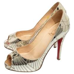 Christian Louboutin Dull Gold Mirror Leather Very Galaxy Art Deco Peep-Toe Pumps Size 37