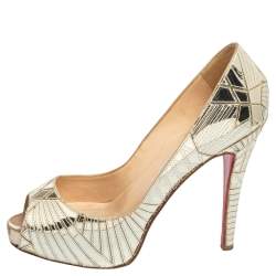 Christian Louboutin Dull Gold Mirror Leather Very Galaxy Art Deco Peep-Toe Pumps Size 37