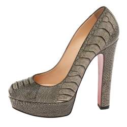 Pre Owned Christian Louboutin Khaki Green Ostrich Leather Bibi Platform Pumps Size 37 