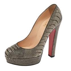 Pre Owned Christian Louboutin Khaki Green Ostrich Leather Bibi Platform Pumps Size 37 