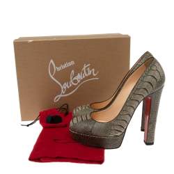 Pre Owned Christian Louboutin Khaki Green Ostrich Leather Bibi Platform Pumps Size 37 
