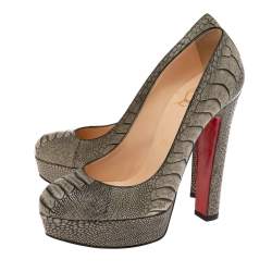 Pre Owned Christian Louboutin Khaki Green Ostrich Leather Bibi Platform Pumps Size 37 