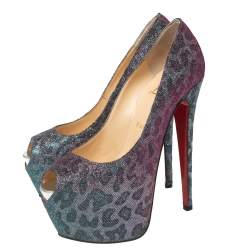 Christian Louboutin Two-Tone Leopard Print Lamé Fabric Highness Pumps Size 37.5