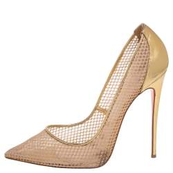 Pre Owned Christian Louboutin Gold Mesh and Leather Follies Resille Pointed-Toe Pumps Size 41