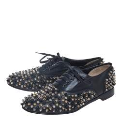 Pre Owned Christian Louboutin Black Leather Freddy Spike Lace-Up Oxfords Size 39.5