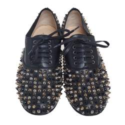 Pre Owned Christian Louboutin Black Leather Freddy Spike Lace-Up Oxfords Size 39.5