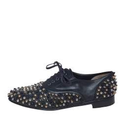 Pre Owned Christian Louboutin Black Leather Freddy Spike Lace-Up Oxfords Size 39.5