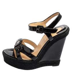 مملوكة مسبقًا Christian Louboutin Black Patent Leather Espadrille Wedge Sandals Size 40