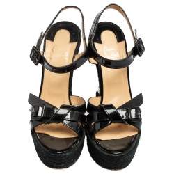 مملوكة مسبقًا Christian Louboutin Black Patent Leather Espadrille Wedge Sandals Size 40