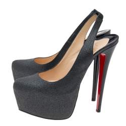 Christian Louboutin Dark Grey Glitter Slingback Platform Sandals Size 39