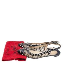 Pre Owned Christian Louboutin Black Leather And Mesh Spiked Flat Sandals Size 37