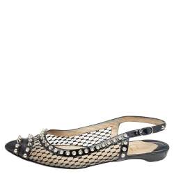 Pre Owned Christian Louboutin Black Leather And Mesh Spiked Flat Sandals Size 37