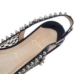 Pre Owned Christian Louboutin Black Leather And Mesh Spiked Flat Sandals Size 37
