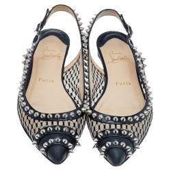 Pre Owned Christian Louboutin Black Leather And Mesh Spiked Flat Sandals Size 37