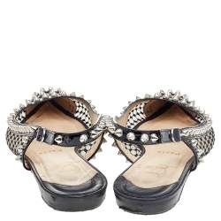 Pre Owned Christian Louboutin Black Leather And Mesh Spiked Flat Sandals Size 37