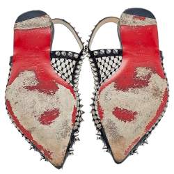 Pre Owned Christian Louboutin Black Leather And Mesh Spiked Flat Sandals Size 37