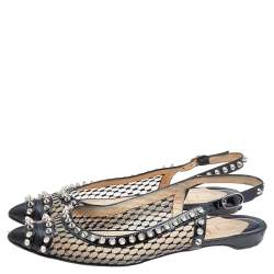 Pre Owned Christian Louboutin Black Leather And Mesh Spiked Flat Sandals Size 37