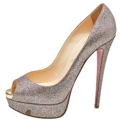 Pre Owned Christian Louboutin Metallic Multicolor Glitter Lady Peep Toe Platform Pumps Size 38.5