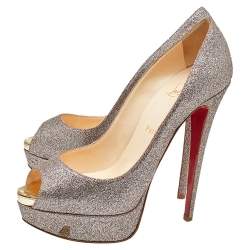 Pre Owned Christian Louboutin Metallic Multicolor Glitter Lady Peep Toe Platform Pumps Size 38.5