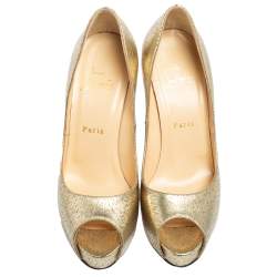 Pre Owned Christian Louboutin Gold Leather Very Prive Peep Toe Platform Pumps Size 38.5