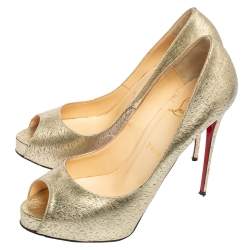 Pre Owned Christian Louboutin Gold Leather Very Prive Peep Toe Platform Pumps Size 38.5