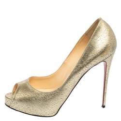 Pre Owned Christian Louboutin Gold Leather Very Prive Peep Toe Platform Pumps Size 38.5