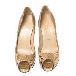Pre Owned Christian Louboutin Beige/Brown Snakeskin Leather New Very Prive Peep-Toe Pumps Size 38