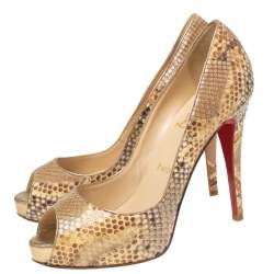 Pre Owned Christian Louboutin Beige/Brown Snakeskin Leather New Very Prive Peep-Toe Pumps Size 38
