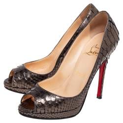 Christian Louboutin Metallic Grey Python Leather Lady Peep Platform Pumps Size 35