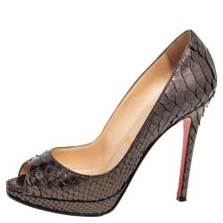 Christian Louboutin Metallic Grey Python Leather Lady Peep Platform Pumps Size 35