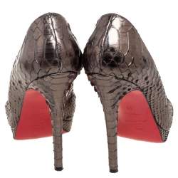 Christian Louboutin Metallic Grey Python Leather Lady Peep Platform Pumps Size 35