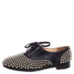 Pre Owned Christian Louboutin Black Leather Freddy Spikes Oxfords Size 38