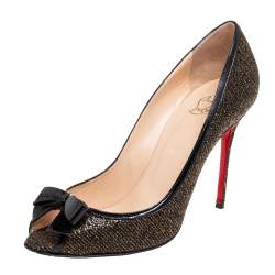 Pre Owned Christian Louboutin Black/Gold Glitter and Patent Leather Milady Bow Peep-Toe Pumps Size 39.5