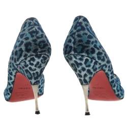 Christian Louboutin Blue Leopard Print Fabric Peep Toe Pumps Size 37