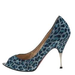 Christian Louboutin Blue Leopard Print Fabric Peep Toe Pumps Size 37