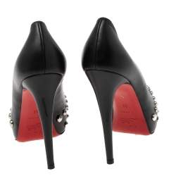 Pre Owned Christian Louboutin Black Studded Leather Door Knock Peep-Toe Platform Pumps Size 38