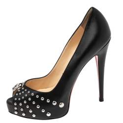 Pre Owned Christian Louboutin Black Studded Leather Door Knock Peep-Toe Platform Pumps Size 38