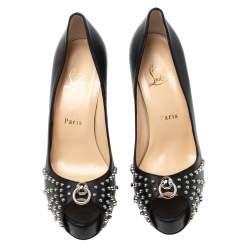 Pre Owned Christian Louboutin Black Studded Leather Door Knock Peep-Toe Platform Pumps Size 38