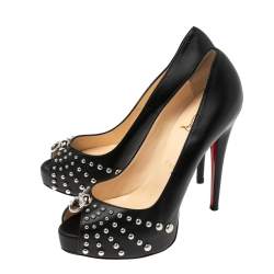 Pre Owned Christian Louboutin Black Studded Leather Door Knock Peep-Toe Platform Pumps Size 38