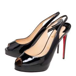 Pre Owned Christian Louboutin Black Patent Leather Private Number Slingback Sandals Size 38